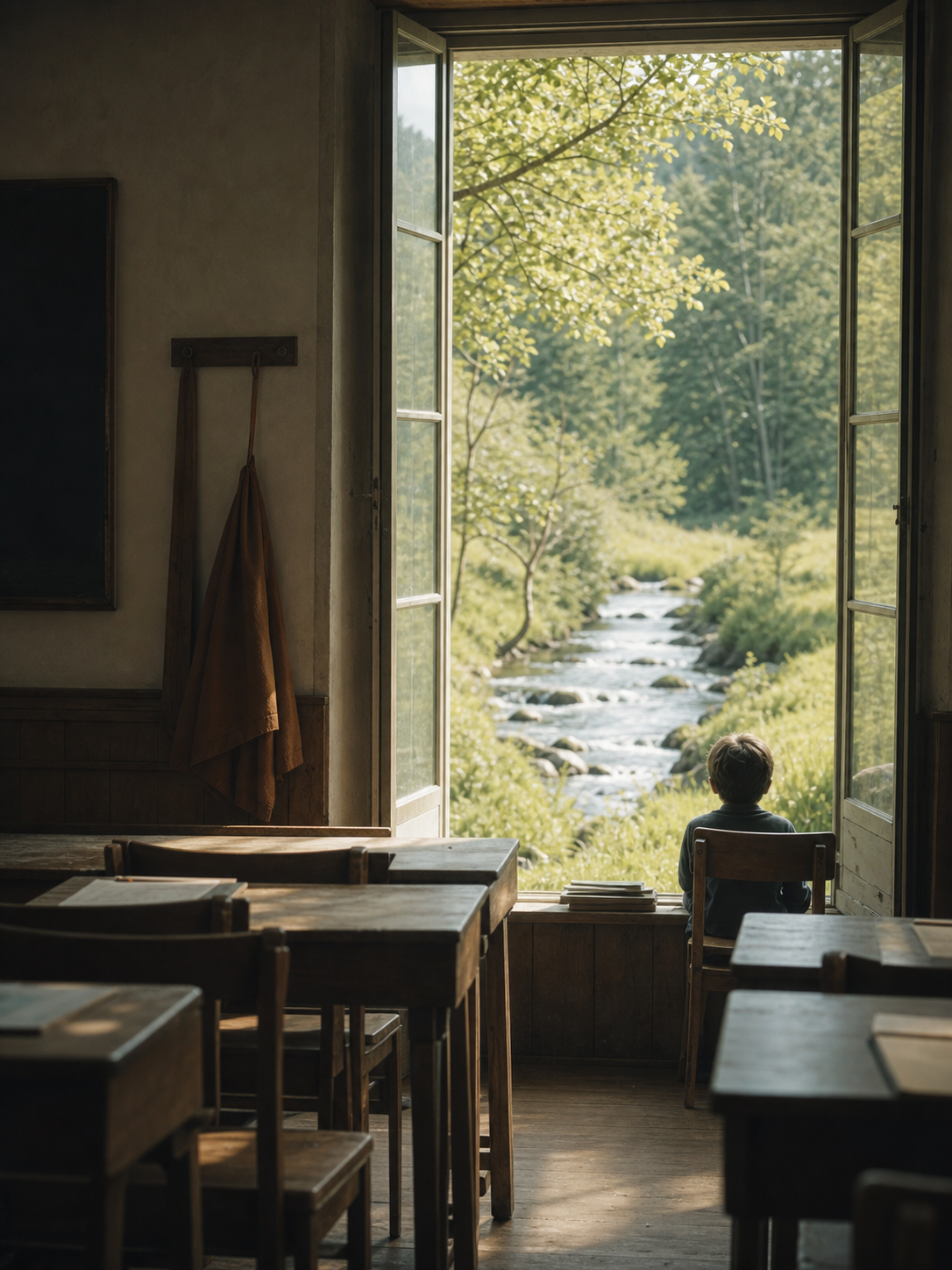Symbolisches Schulzimmer mit Blick ins Freie
